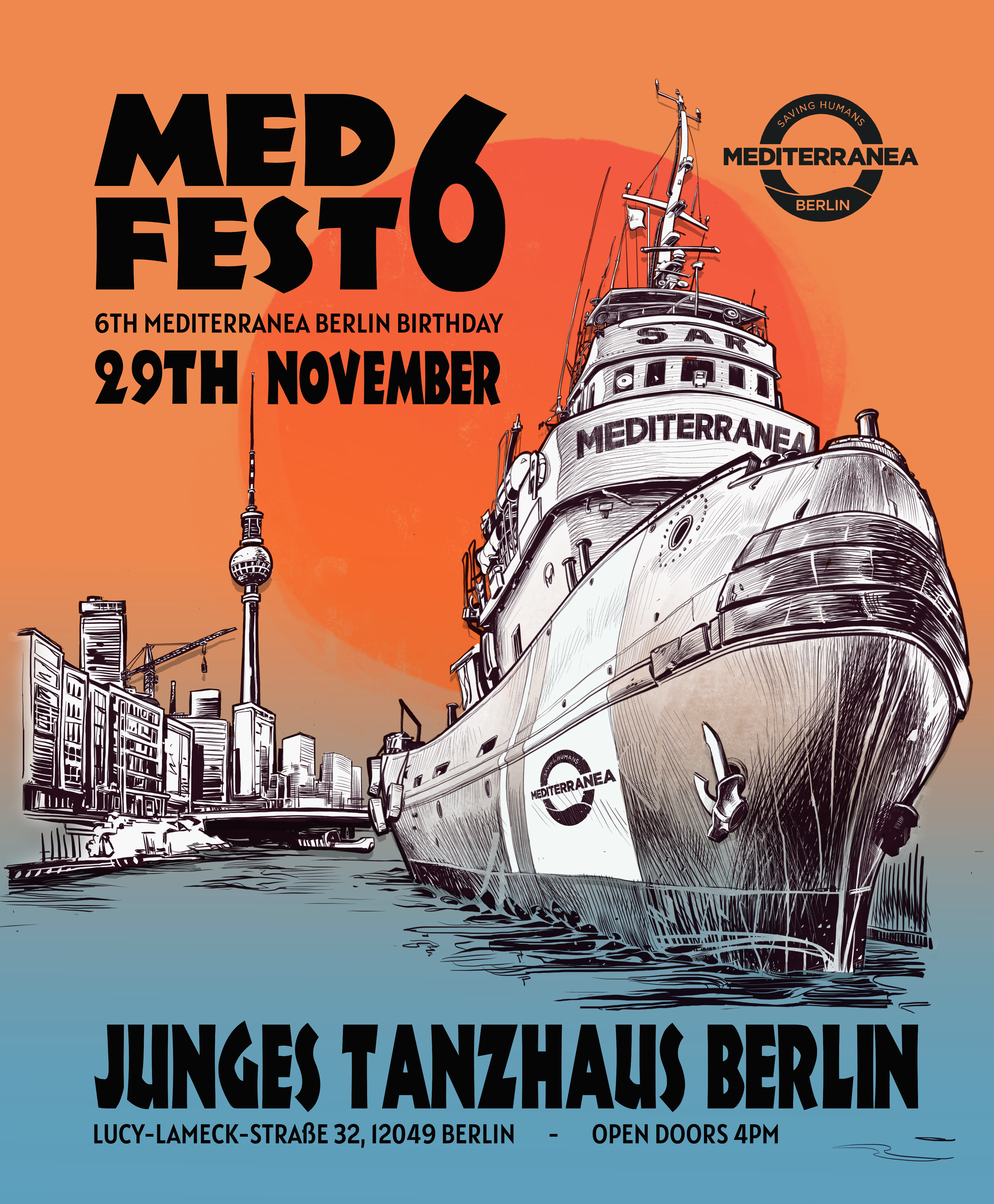 Poster Med Fest 6 with a Boat on the water and Berlin landmarks in the background, 29 November 2025 at Junges Tanzhaus Berlin